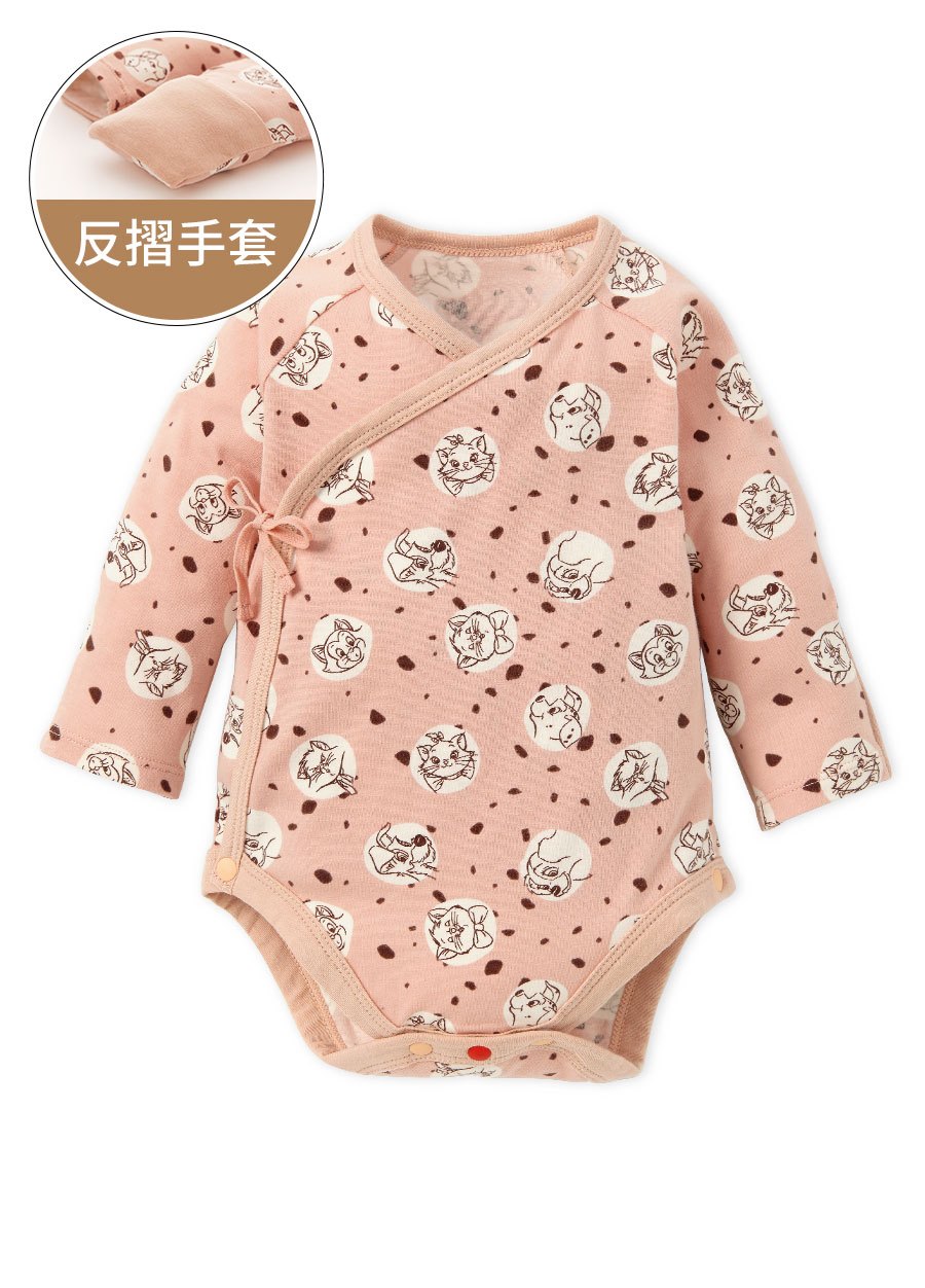 新生兒迪士尼Q彈棉質長袖包屁衣-點點貓狗