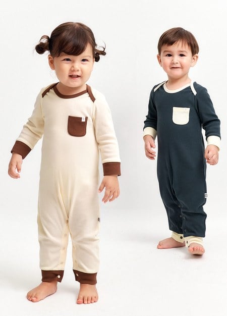 BABY Q彈配色長袖連身衣-米色4