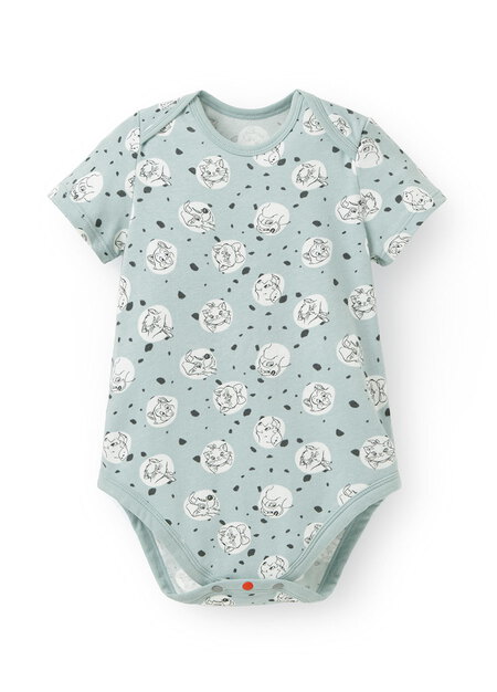 BABY迪士尼Q彈棉質包屁衣-點點貓狗-藍綠1