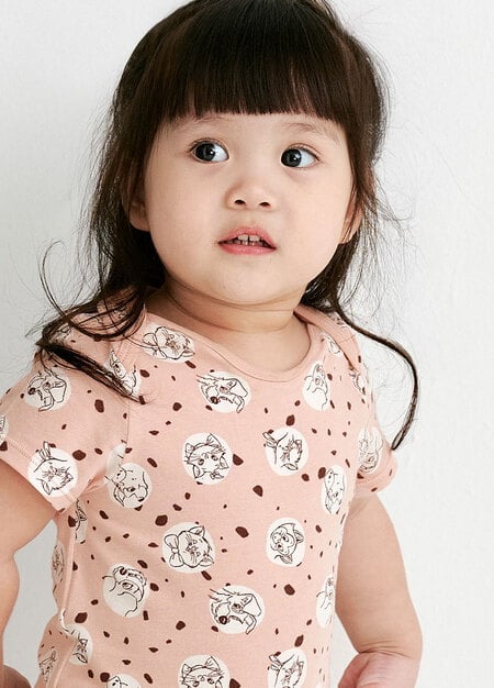 BABY迪士尼Q彈棉質包屁衣-點點貓狗-粉橘2