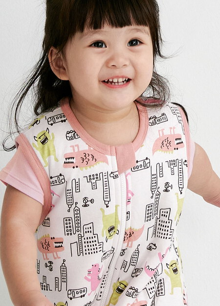 抗菌防踢被(薄款0-24M)拉鍊款-怪獸大戰-粉橘3