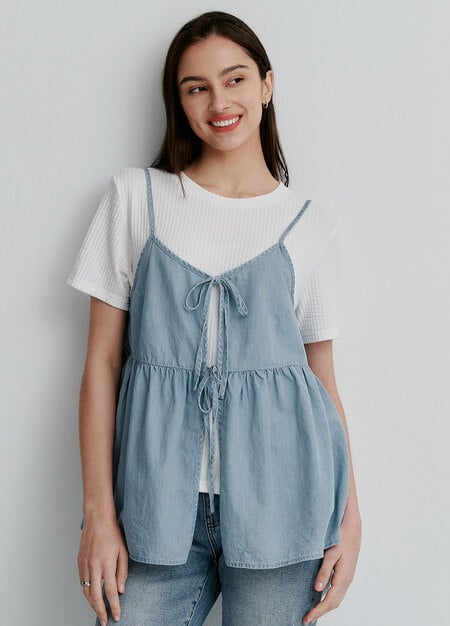 牛仔假兩件細肩帶孕哺上衣