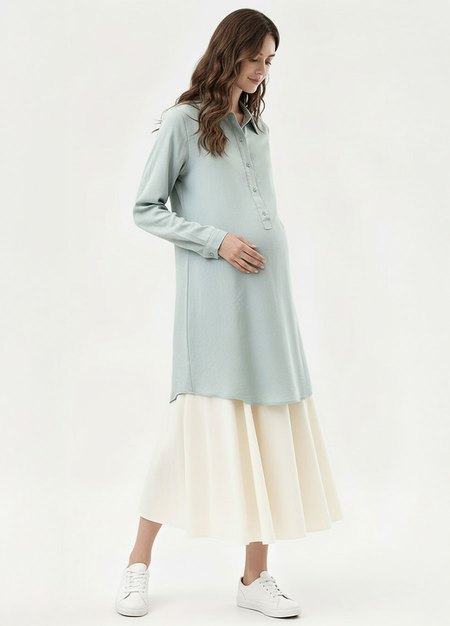 簡約亞麻襯衫孕哺洋裝-灰藍1