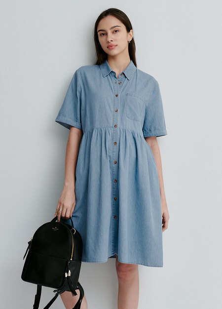 牛仔襯衫式孕哺洋裝-淺藍4
