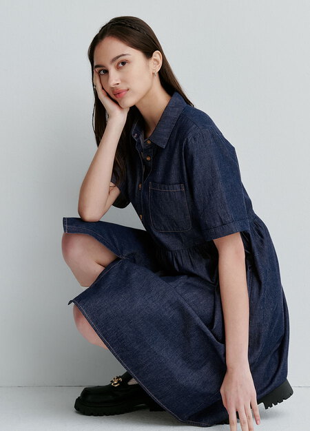 牛仔襯衫式孕哺洋裝