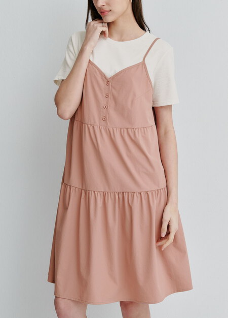 假兩件細肩帶蛋糕短孕哺洋裝