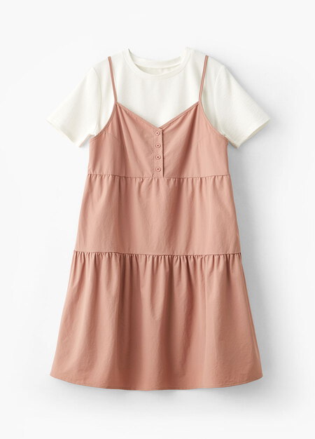 假兩件細肩帶蛋糕短孕哺洋裝