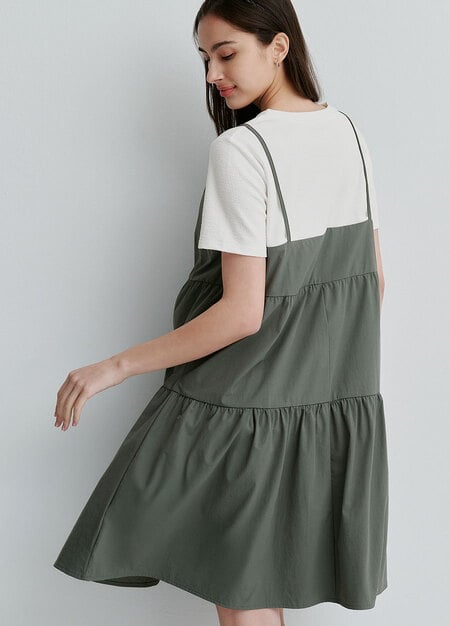 假兩件細肩帶蛋糕短孕哺洋裝