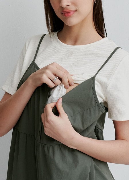 假兩件細肩帶蛋糕短孕哺洋裝