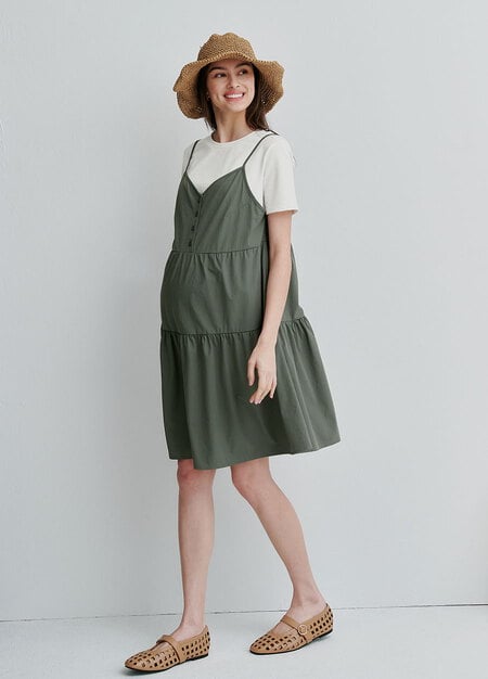 假兩件細肩帶蛋糕短孕哺洋裝