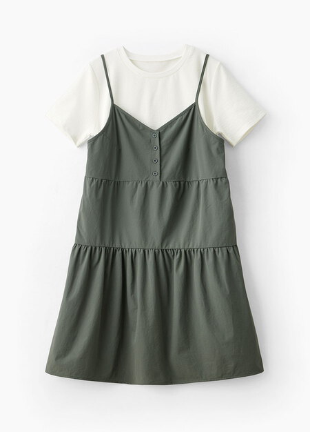 假兩件細肩帶蛋糕短孕哺洋裝