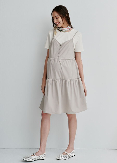 假兩件細肩帶蛋糕短孕哺洋裝-淺灰3