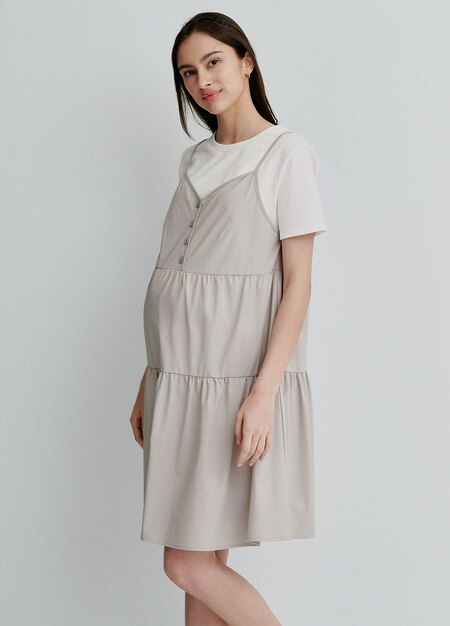 假兩件細肩帶蛋糕短孕哺洋裝