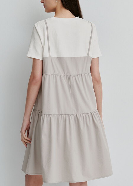 假兩件細肩帶蛋糕短孕哺洋裝