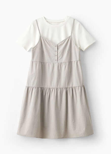 假兩件細肩帶蛋糕短孕哺洋裝