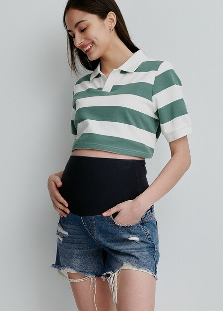 抓破刷色抽鬚牛仔孕婦短褲