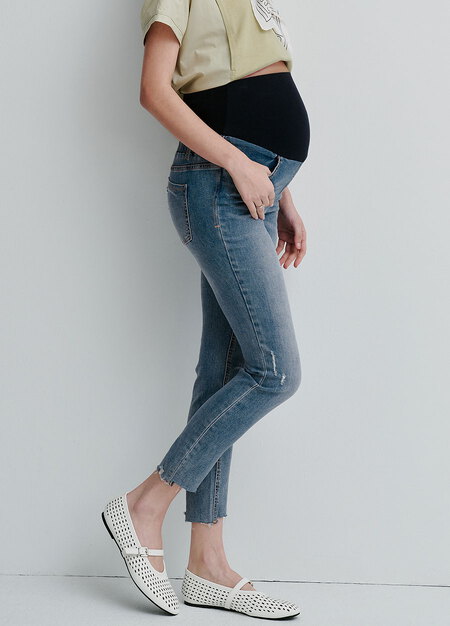 不對稱割破窄管牛仔孕婦褲