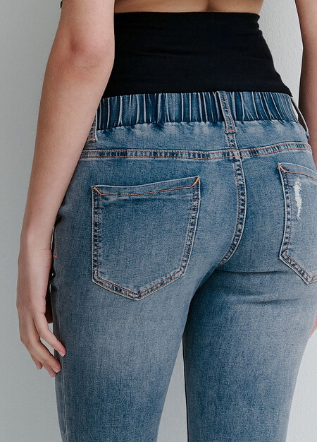 不對稱割破窄管牛仔孕婦褲