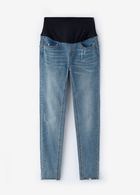 不對稱割破窄管牛仔孕婦褲