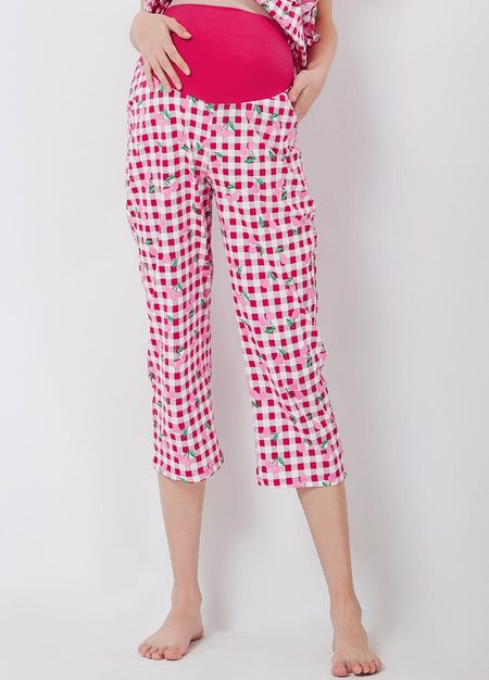 格紋櫻桃荷葉孕哺居家服組(洋裝+長褲)