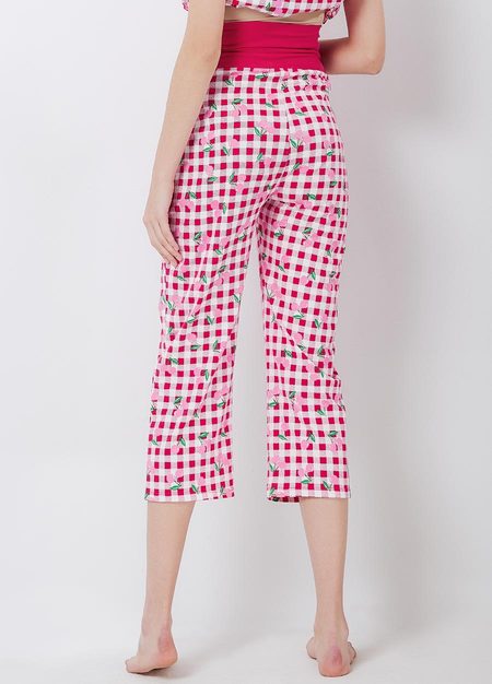 格紋櫻桃荷葉孕哺居家服組(洋裝+長褲)