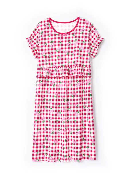 格紋櫻桃荷葉孕哺居家服組(洋裝+長褲)