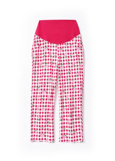 格紋櫻桃荷葉孕哺居家服組(洋裝+長褲)