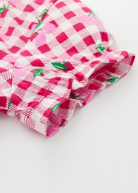 格紋櫻桃荷葉孕哺居家服組(洋裝+長褲)