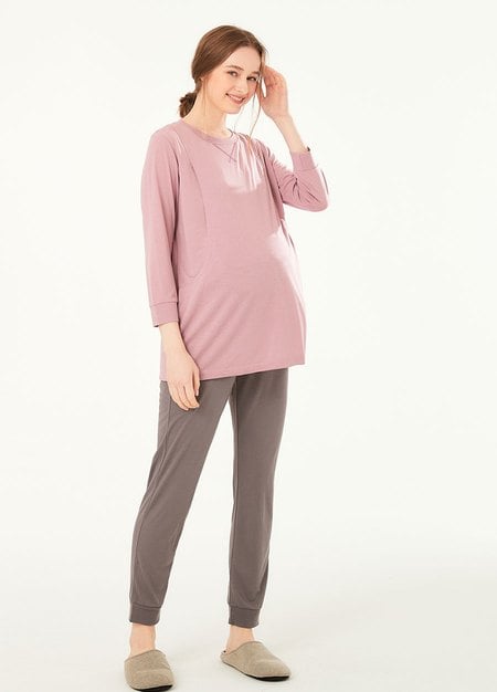 素色撞色孕哺居家服組-紫藕3