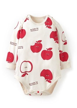 BABY Q彈棉質長袖包屁衣-蘋果 - 淺棕