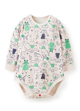 BABY Q彈棉質長袖包屁衣-童趣線條 - 綠色