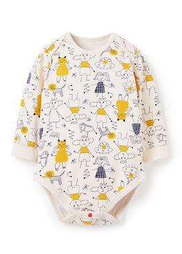 BABY Q彈棉質長袖包屁衣-童趣線條 - 黃色