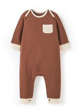 BABY Q彈配色長袖連身衣 - 咖啡