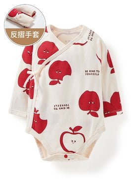 新生兒 Q彈棉質長袖包屁衣-蘋果 - 淺棕