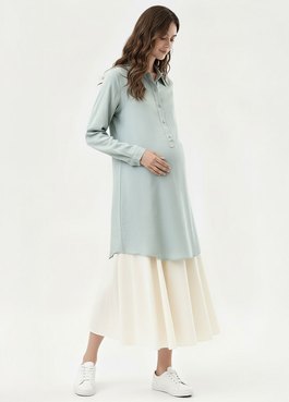 簡約亞麻襯衫孕哺洋裝 - 灰藍