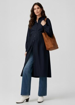 純棉素色襯衫孕哺洋裝(兩穿) - 深藍