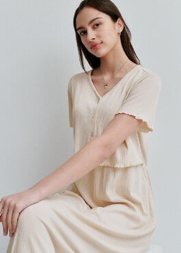 假兩件式開衩裙孕哺套裝 - 米色