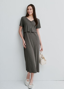 假兩件式開衩裙孕哺套裝 - 灰褐