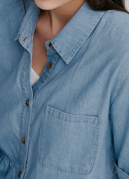 牛仔襯衫式孕哺洋裝 - 淺藍