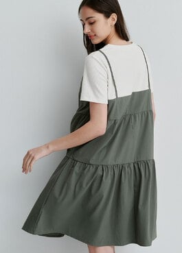 假兩件細肩帶蛋糕短孕哺洋裝 - 綠色