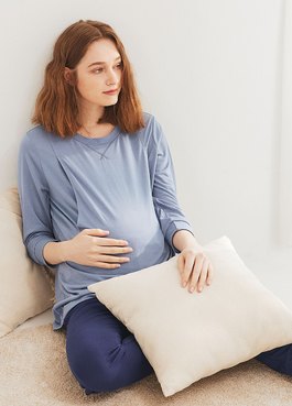 素色撞色孕哺居家服組 - 藍紫