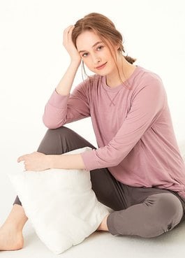 素色撞色孕哺居家服組 - 紫藕