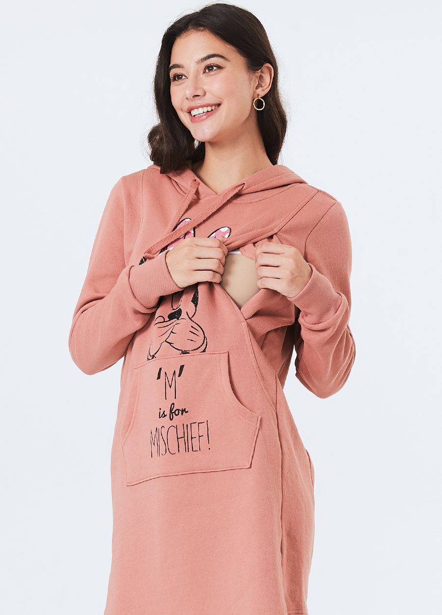 迪士尼米妮長版厚刷毛孕哺帽T