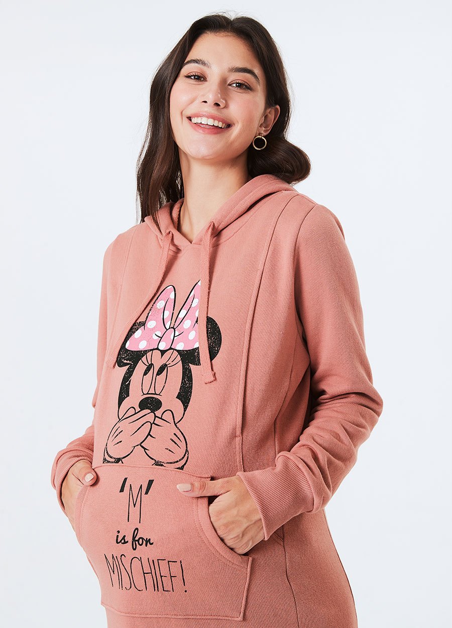 迪士尼米妮長版厚刷毛孕哺帽T