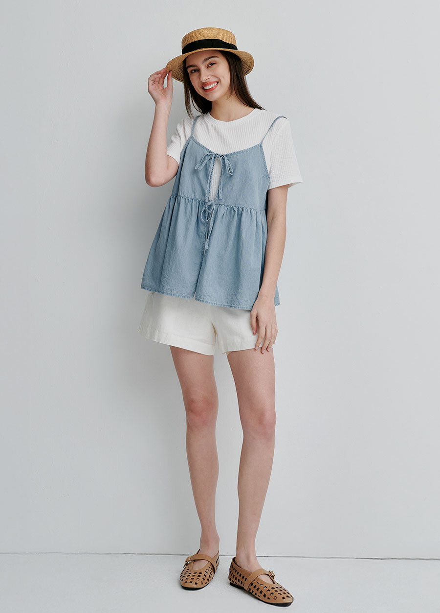 牛仔假兩件細肩帶孕哺上衣