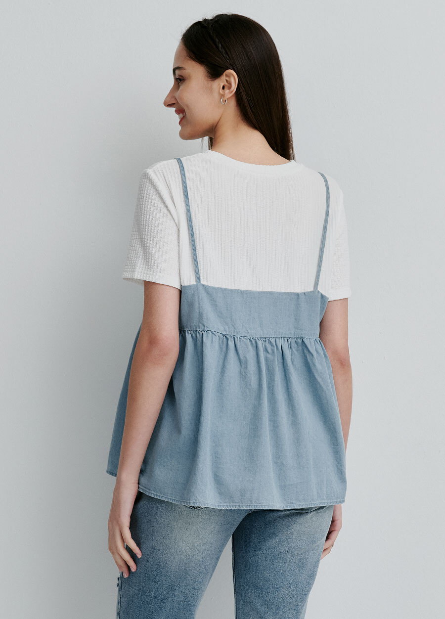 牛仔假兩件細肩帶孕哺上衣