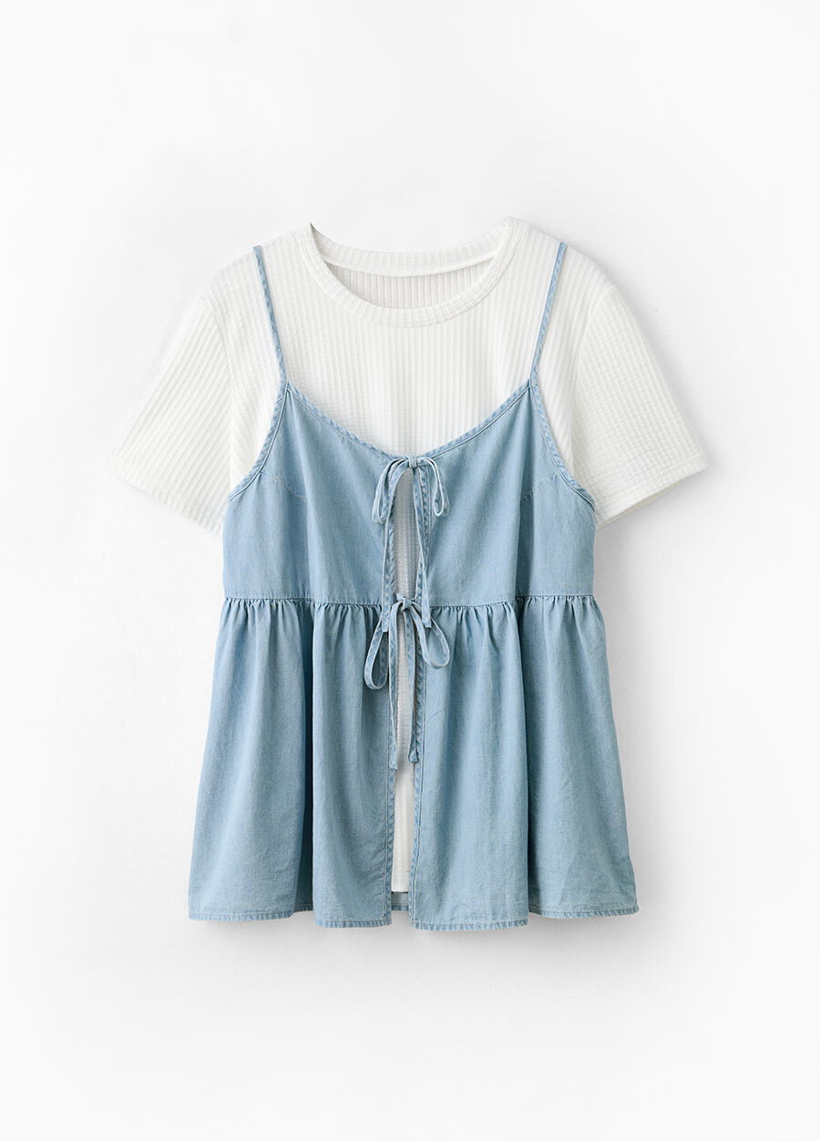 牛仔假兩件細肩帶孕哺上衣