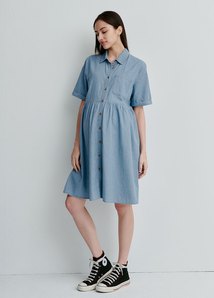 牛仔襯衫式孕哺洋裝