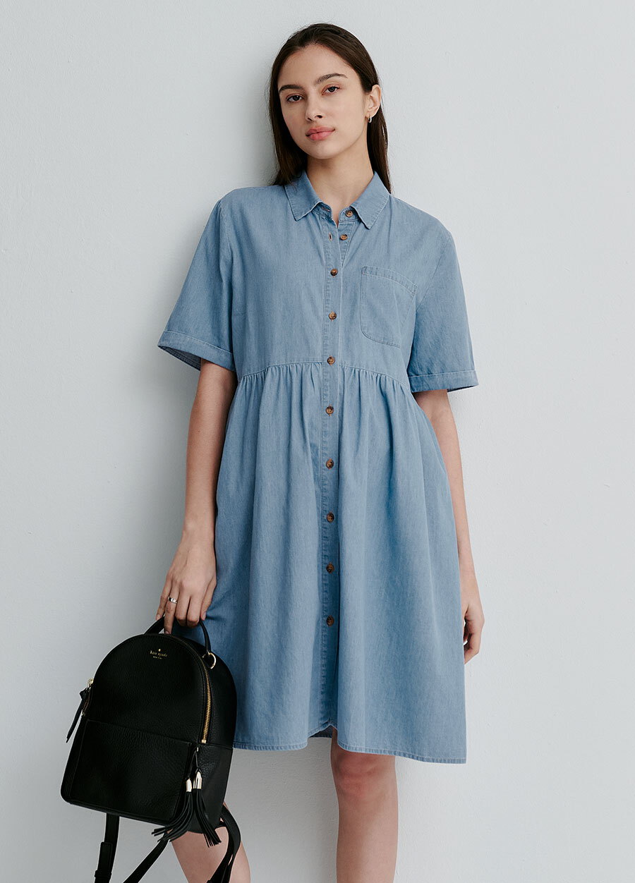 牛仔襯衫式孕哺洋裝