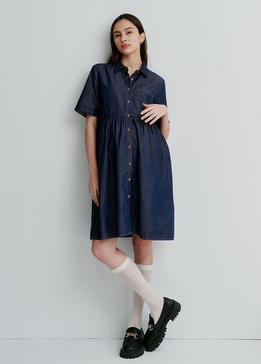 牛仔襯衫式孕哺洋裝